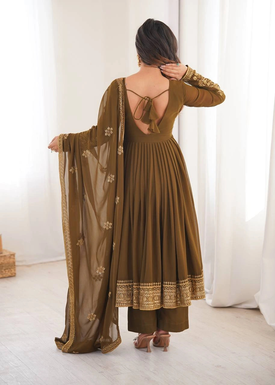 Olive Brown Sequins Embroidered Suit – Anarkali Pant Set with Dupatta